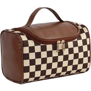 Makeup Bag, Travel Portable Checkered Pattern Cosmetics Skincare Storage Bag (Brown)