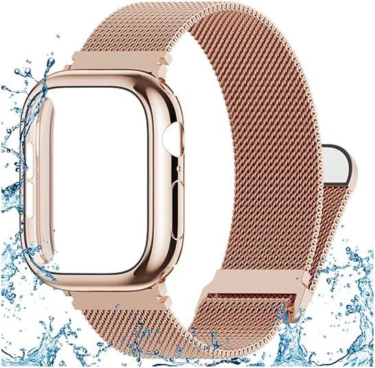 Waterproof Stainless Steel Milanese Band with Case Compatible for Apple Watch 38mm 40mm 41mm 42mm 44mm 45mm 46mm 49mm Women/Men,Magnetic Strap for iWatch Series 11 10 9 8 7 6 5 4 3 2 1 SE SE3 Ultra2/3