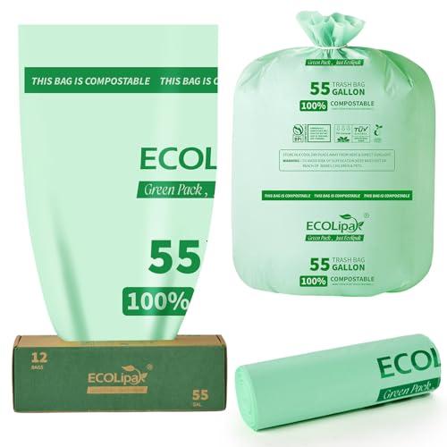 ECOLipak 55 Gallon Compostable Trash Bags, 12 Count Heavy Duty Extra Thick 1.57 Mil, 208.2 Liter Large Garbage Bags for Commercial/Lawn/Yard/Restaurant, US BPI ASTM D6400 and OK Compost Home Certified