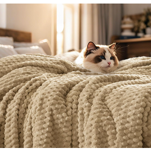 PHF Ultra Soft Flannel Fleece Blanket Queen Size, Lightweight 3D Jacquard Fleece Blanket, No Shedding, No Pilling, Luxury 340GSM Aesthetic Fluffy Cozy for Bed Room Decor, 90"x90", Khaki