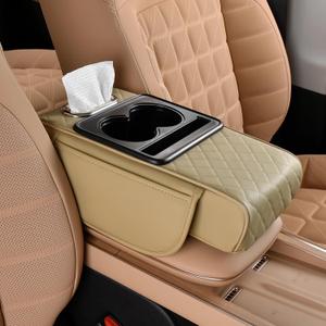 FREESOO Car Center Console Cover, Leather Armrest Cover for Car, Universal Middle Console Cushion with Storage Box, Cup Holder, Tissue Box & Phone Slot, Luxury Waterproof Interior Accessories, Beige