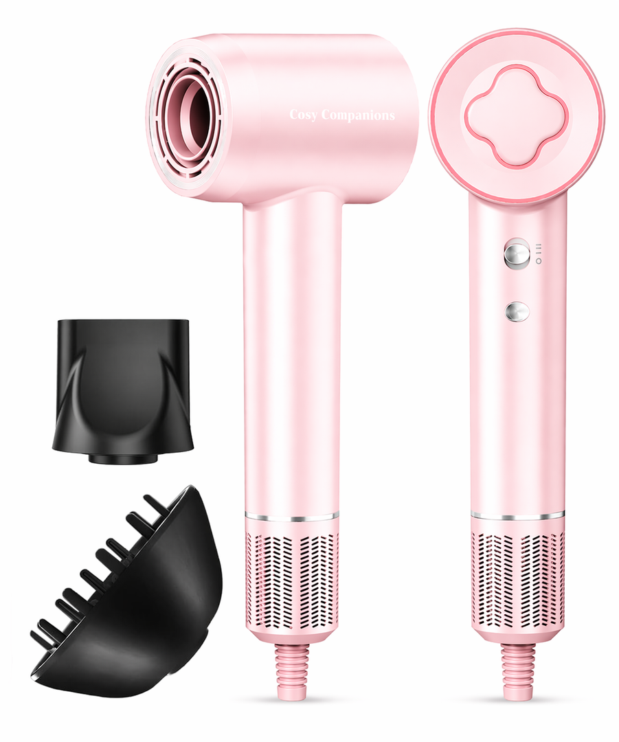 Cosy Companions HighSpeed Ionic Hair Dryer, 150000 RPM Brushless Motor for 25 Min Fast Drying, Low Noise Blow Dryer Reduces Frizz & Heat Damage, Lightweight Hair Dryer with Diffuser & Nozzle, Pink