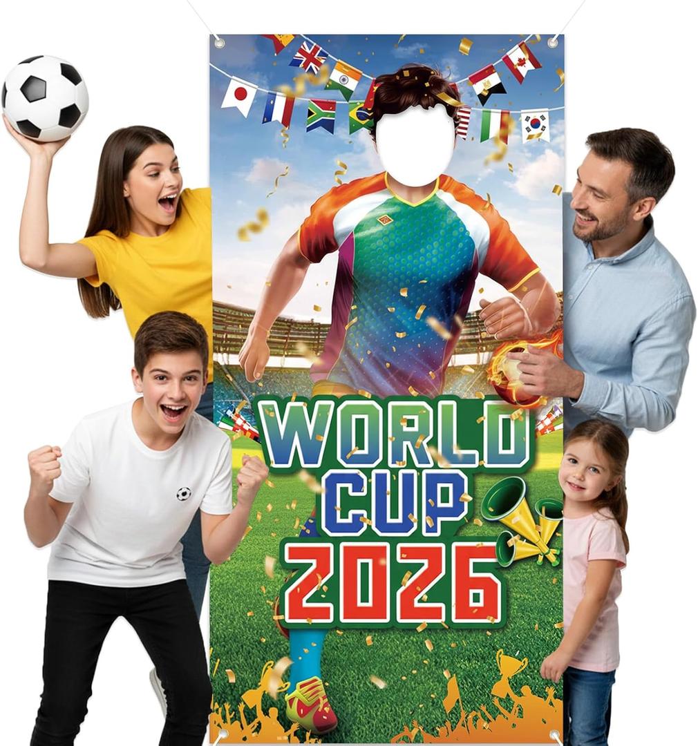 World Cup Photo Banner 2026 71x35 Inches Soccer Player Cutout Backdrop with Face Hole for Soccer Party Decorations Soccer Photo Booth Props Gift and Soccer Party Backdrop