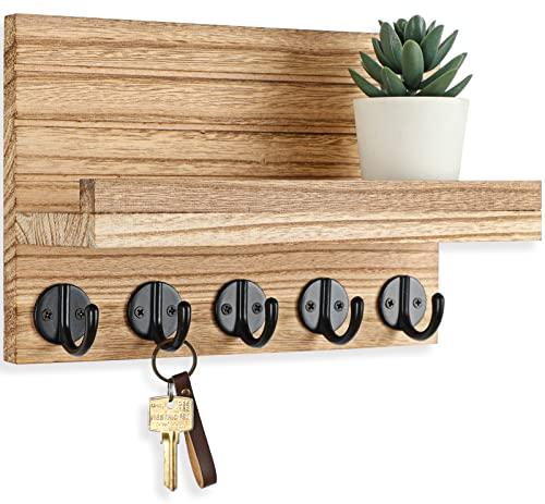 Lwenki Key Holder for Wall, Decorative Key and Mail Holder with Shelf Has Large Key Hooks for Bags, Coats – Paulownia Wood Key Hanger with Mounting Hardware (9.8”W x 6.7”H x 4.2”D) (Burnt Wood)