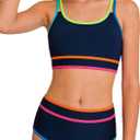Teen Girls Swimsuit Color Block Sporty Bikini Sets with Cover Up Skirt 3 Piece Bathing Suit Size 7-8 Years (Blue)