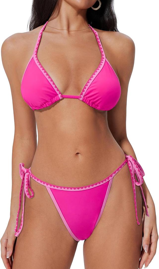 SUUKSESS Women Cheeky Halter String Bikini Sets Sexy Triangle Two Piece Swimsuit (Pink, L)