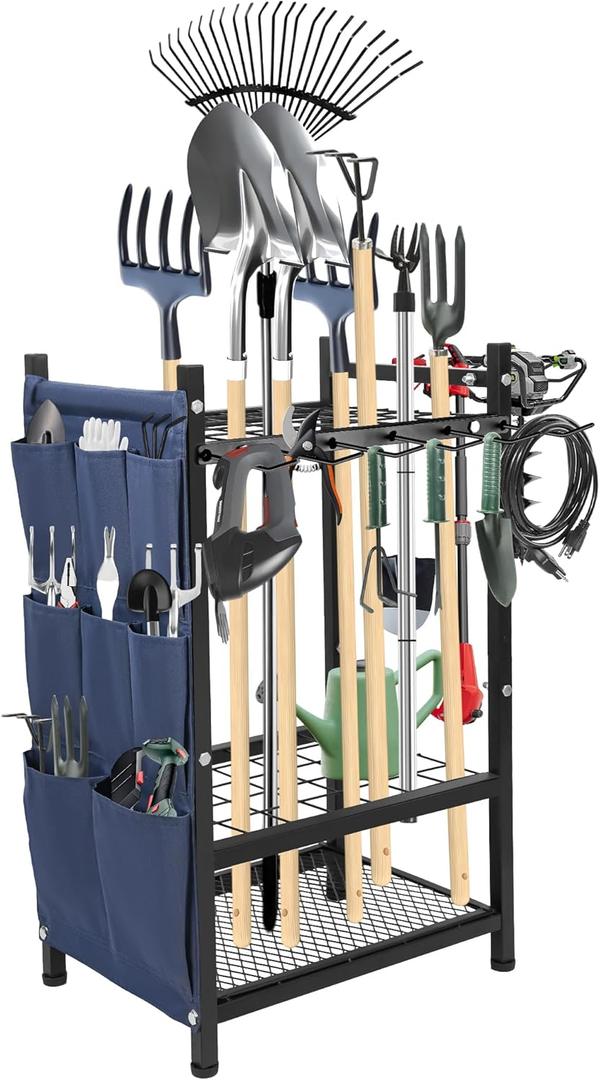 SAMRELAX Garden Tool Rack Freestanding, Heavy Duty Garden Tool Organizer, 3-tier Tool Rack, Multifunctional Yard Tool Storage with Hooks and Storage pockets for Outdoor Long-Handled Broom Shovel Rake