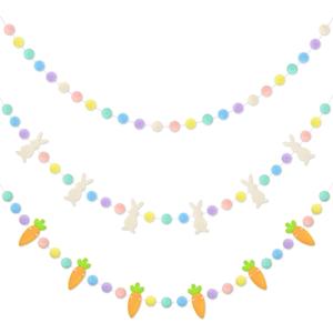 Easter Decorations Bunny Rabbit Banner Pastel Rainbow Pom Pom Colorful Felt Ball Hanging Garland for Home Indoor Living Room Wall Classroom Spring Holiday Wedding Birthday Party Decor Supplies(No DIY)