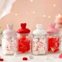 Qinyoung 4 Pcs 16 oz Valentine's Day Glass Candy Jars Clear Valentines Containers with Ceramic Heart Lid Cute Decorative Storage Jars for Cookie Chocolate Nut (Pink, Red, Rose, White, Classic Heart)