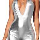 EHSUYAB Sexy Metallic Bodycon Romper, Tie Halter, One Piece Backless Club Outfit, L