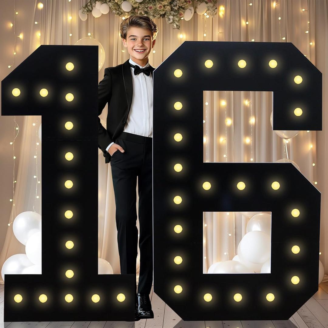 4FT Marquee Light Up Numbers, Black Giant Marquee Number Big Mosaic Number for 16th Birthday Party Decorations Boys Backdrop 16 Anniversary Decor, Pre-Cut Frame Large Number 16