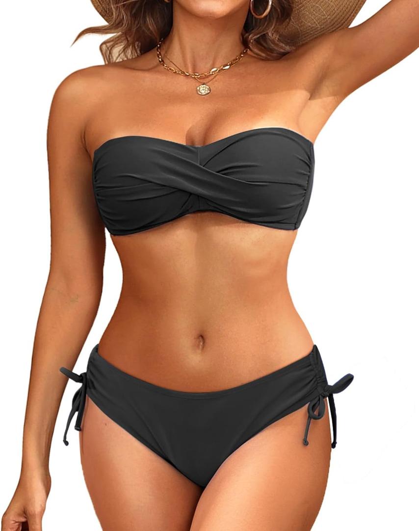 Women's Strapless Bandeau Bikini Set - Twist Front Two Piece Swimsuit Top with Side Tie Bathing Suit Bottom (Large, Black)