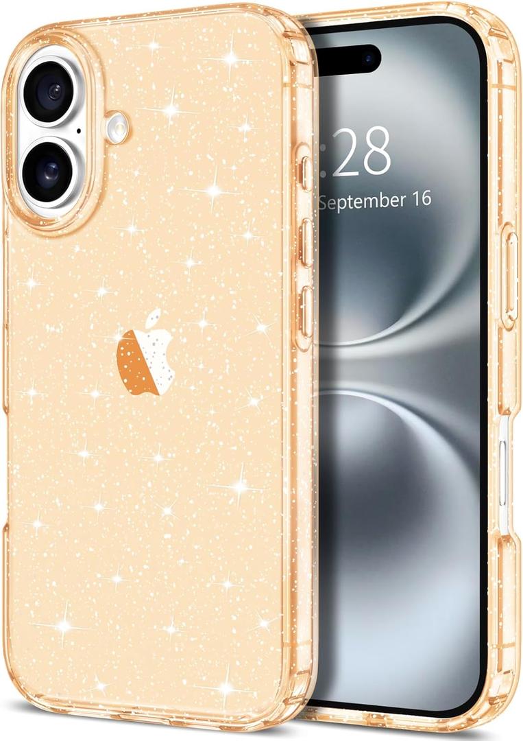 6 x Hython for iPhone 16 Case Glitter, Clear Glitter Sparkly Shiny Bling Sparkle Cute Cover, Anti-Scratch Soft TPU Thin Slim Fit Shockproof Protective Phone Cases for Women Girls, Gold Glitter