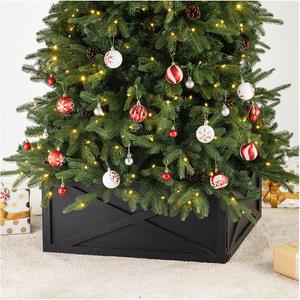 Glitzhome Washed Black Wooden Tree Collar Tree Stand Cover Christmas Tree Skirt Collar for 9ft Tree, 26" L X 26" W