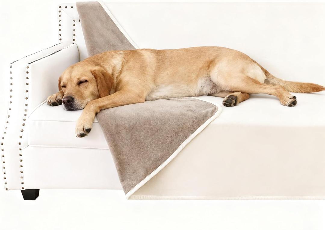 Waterproof Dog Blanket for Couch, Reversible Pet Throw Blankets Leak Proof Sofa Bed Protector for Furniture Machine Washable-68x82,Khaki+Beige