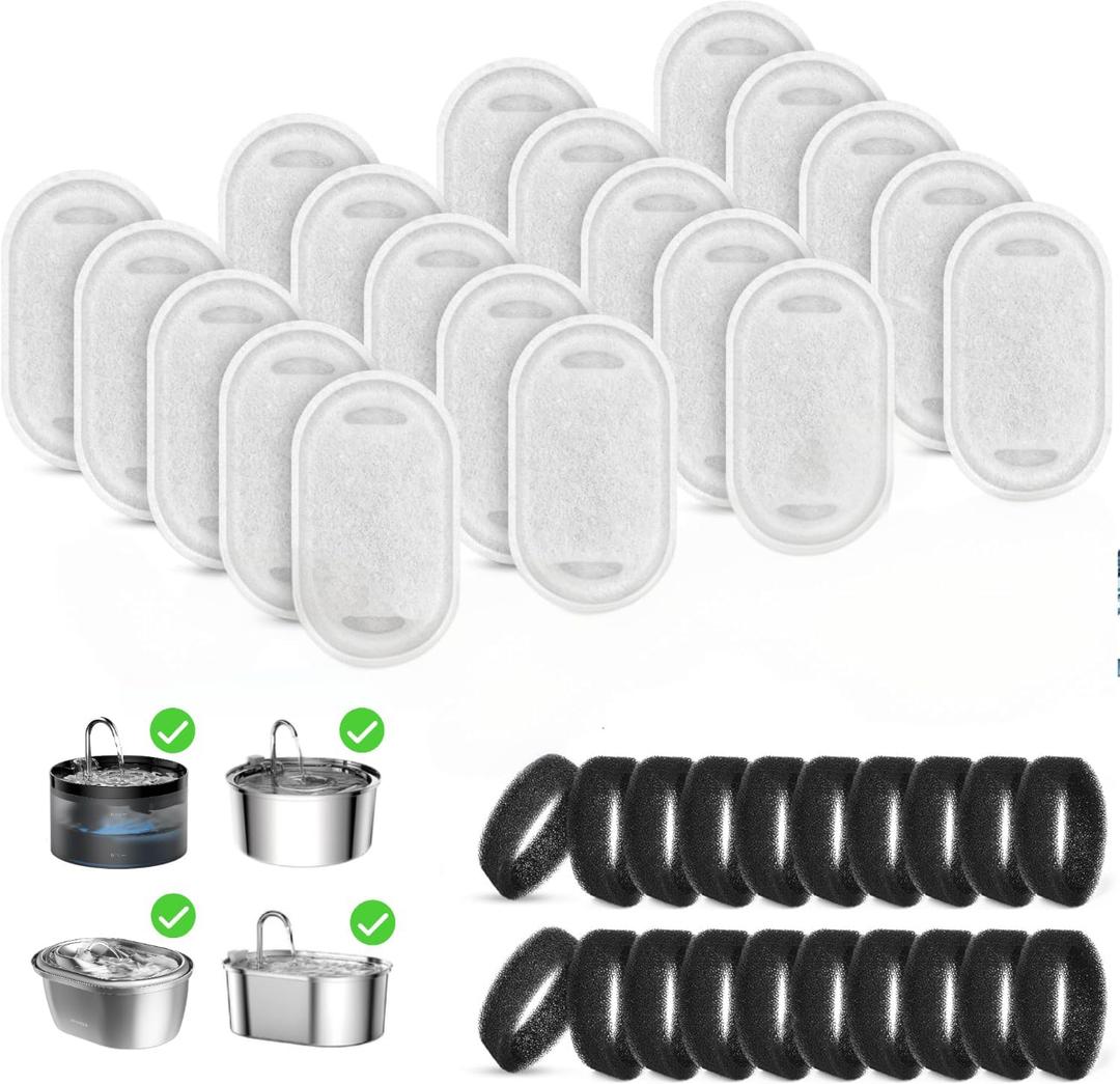 20+20 Pack Cat Water Fountain Filters, Pet Water Fountain Filters Replacement for Dog/Cat Stainless Steel Fountain 108oz/3.2L& 67oz/2L, 10 Months Set to Keep Drinking Fresh