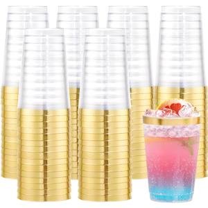Supernal 200pcs Gold Plastic Cups, 12oz Clear Plastic Drinking Cups, Disposable, Durable, Lightweight, Reusable for Hot & Cold Drinks, Weddings, Parties