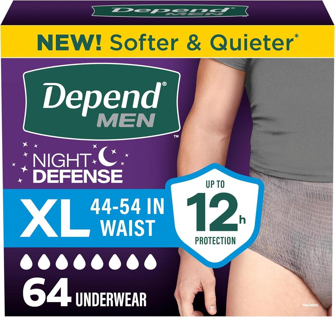 Depend Night Defense Adult Diapers, Incontinence Underwear for Men, Disposable, Overnight, Extra-Large, Grey, 64 Count
