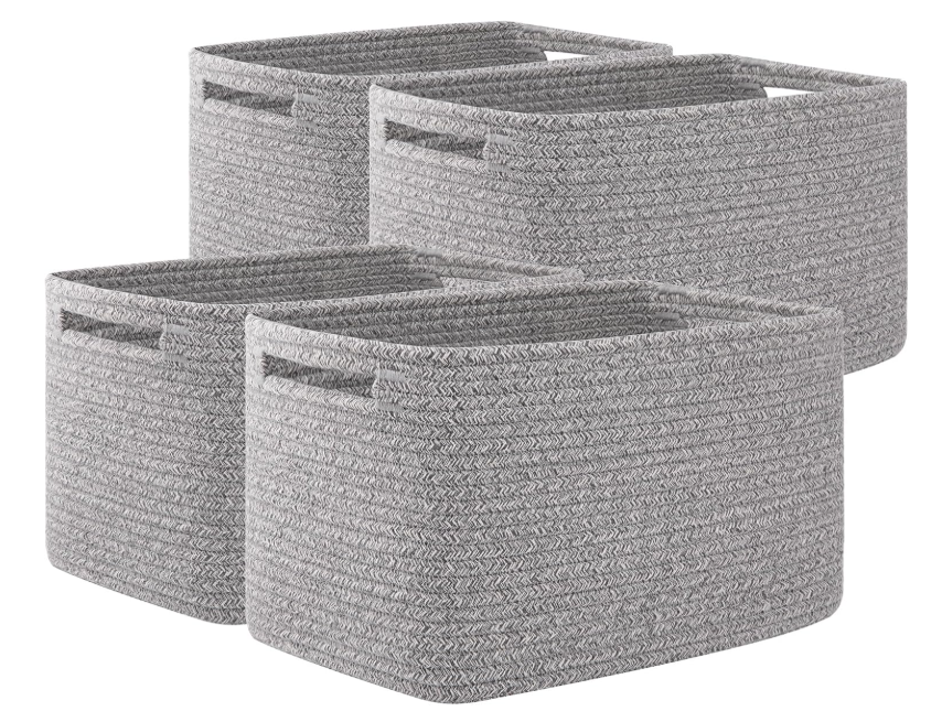 OIAHOMY 4 Pack Storage Baskets for Organizing, Cube Storage Bins for Shelves, Rectangle Storage Baskets With Handles, Woven Baskets for Storage, 12.7''Lx9''Wx7.8''H, Grey