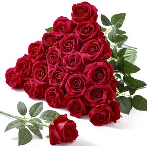 Serwalin 20pcs Red Roses Artificial Flowers, 4'' Big Velvet Flower Head Fake Roses, Realistic Silk Roses Bouquet Long Stems for Wedding Home Decor and Table Centerpiece