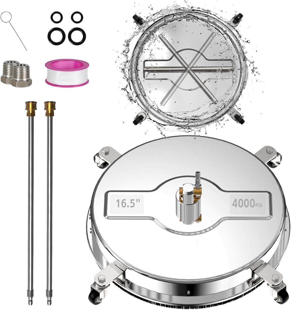 16.5" Pressure Washer Surface Cleaner 1/4" Quick Plug with 4 Wheels Thickened Stainless Steel Surface Cleaner for Pressure Washer Attachment for Concrete, Patio, Sidewalk,Driveways and Deck (16.5InPressure Washer Attachment)