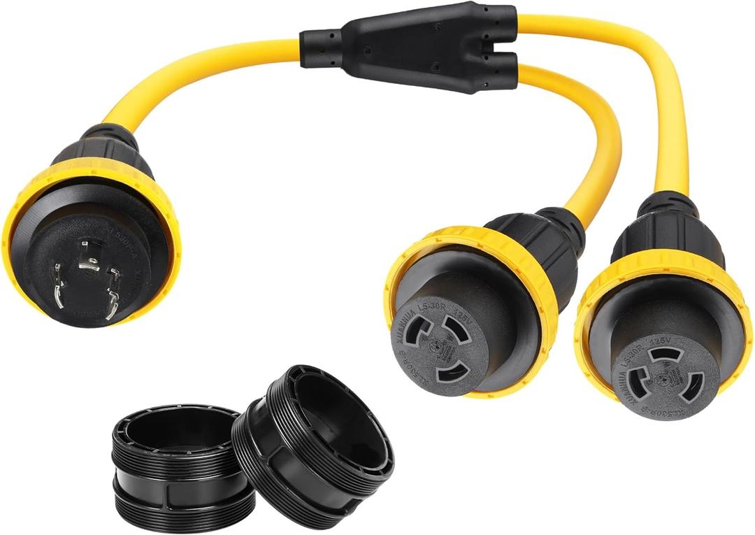 Kanayu 3FT RV Marine Boat Shore Power Adapter L5-30P Male 30A Plug to (2) 30A L5-30R Female, 30 Amp Y Splitter with Locking Ring and Collar (Black, Yellow) Kanayu 3FT RV Marine Boat Shore Power Adapter L5-30P Male 30A Plug to (2) 30A L5-30R Female, 30 Amp Y Splitter with Locking Ring and Collar (Black, Yellow)