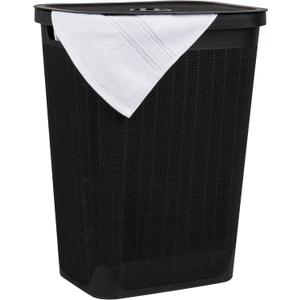 Mind Reader 60L Slim Laundry Hamper, Clothes Basket, Lid, Linen Design, Plastic, Black