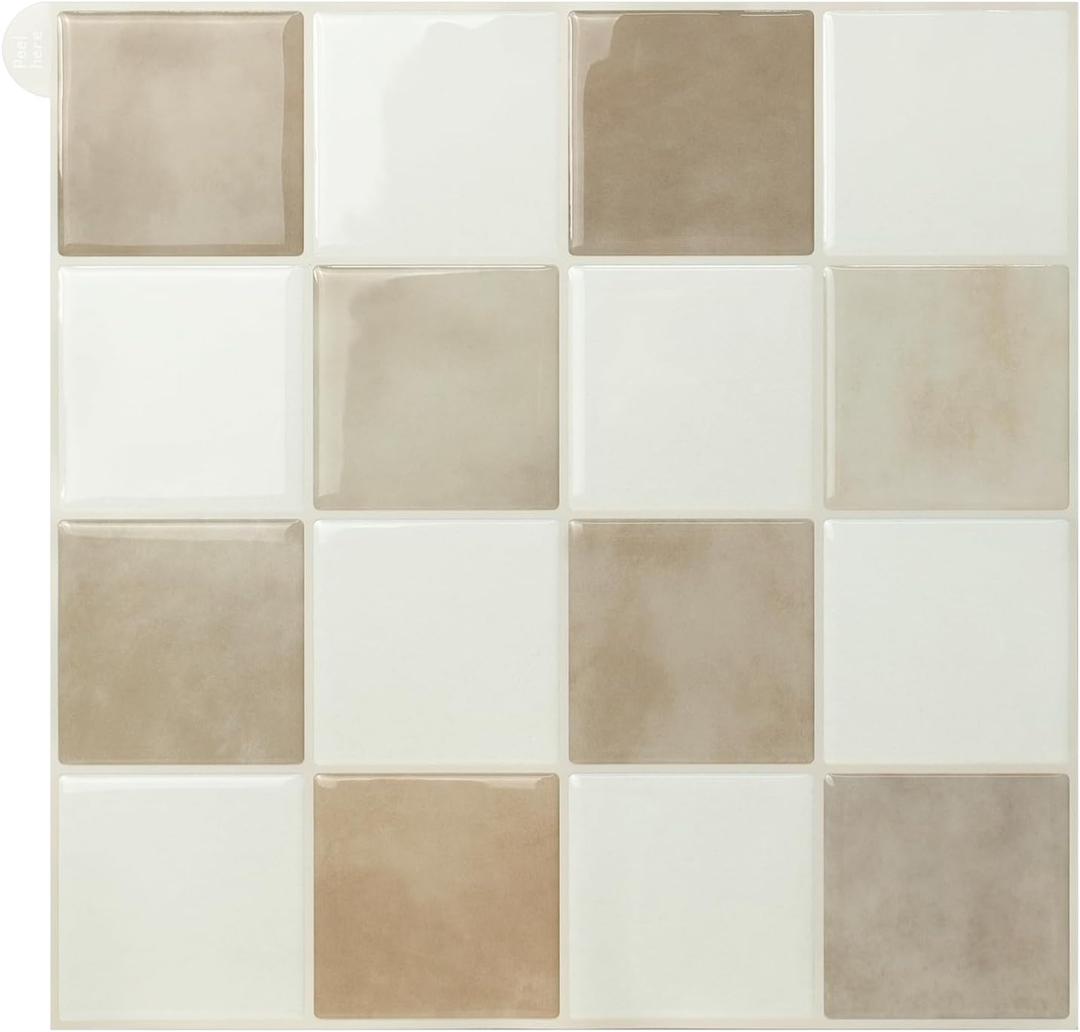 Alwayspon 10 Sheets Brown Beige White Mosaic 3D Peel and Stick PVC Backsplash Tiles, Self-Adhesive Wall Tile Stickers Stick on Subway Tiles for Kitchen Bathroom