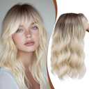 Hair Topper with Bangs 16 Inch Ombre Dark Root to Blonde Synthetic Wavy Hair Toppers for Women 6.5"x6.5" Big Base Invisible Wiglets Hairpieces for Women Daily Wear