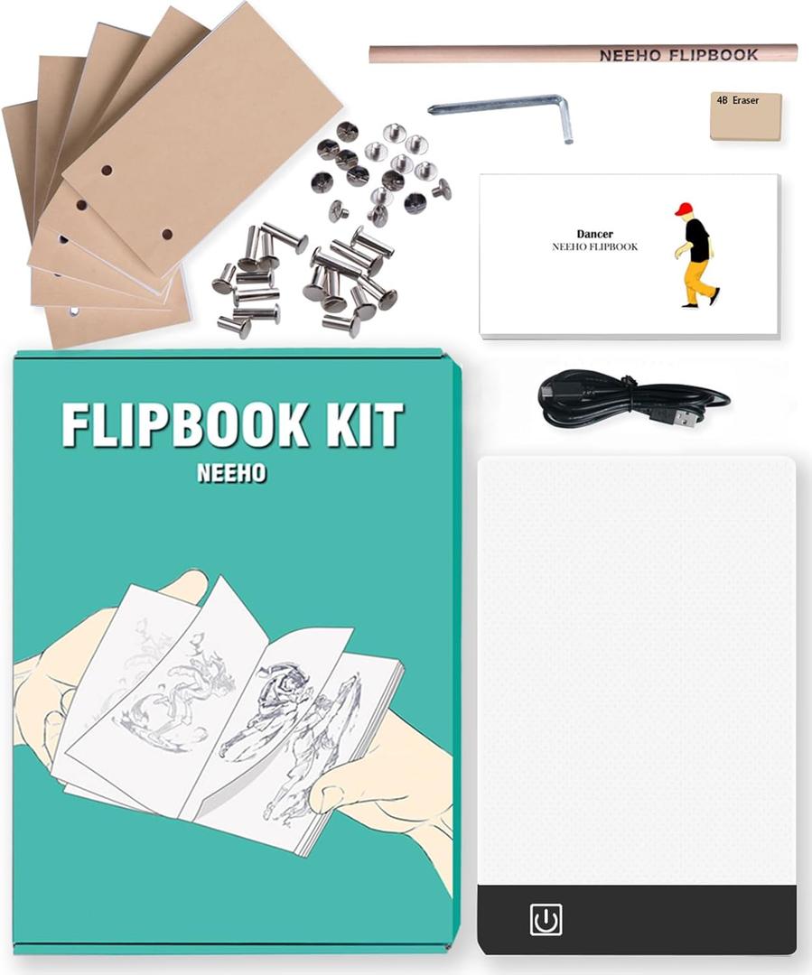 Flip Book Kit, Neeho Flipbook Kit with Light Pad for Drawing and Tracing with 300 Sheets Premium Pre-drilled Flipbook Paper, LED Lightbox for Making Animation Flipbooks with Binding Screws
