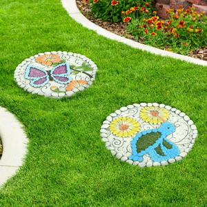 Garden Stepping Stones Set of 2 Butterfly Outdoor Garden Decor 10 inch Round Decorative Stones Pavers for Garden Walkway Landscaping, Hummingbird Gifts (N6-YYD334)