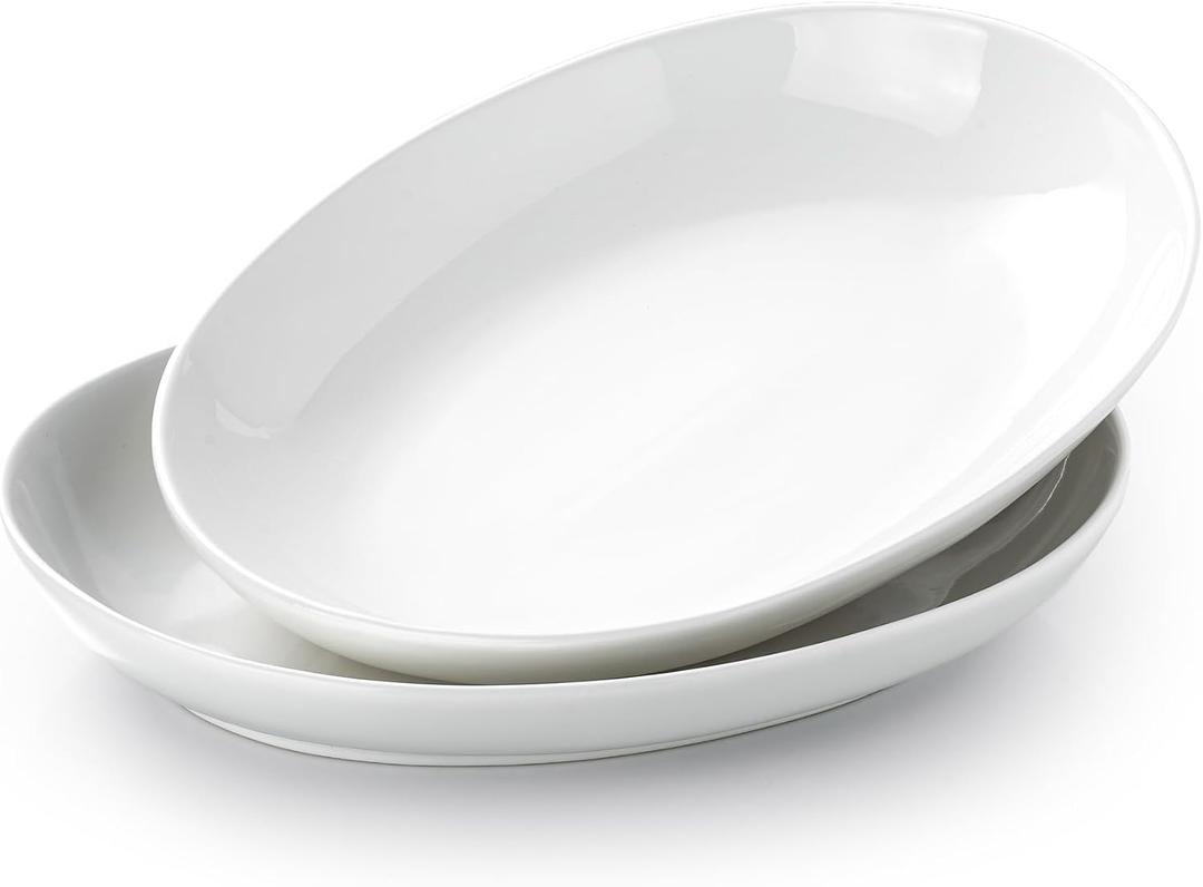 14 Inch Oval Serving Platters Set of 2, Large Deep Ceramic Serving Platter, White Porcelain Serving Trays for Entertaining, Turkey, Steak, Appetizers, Pasta, Salad