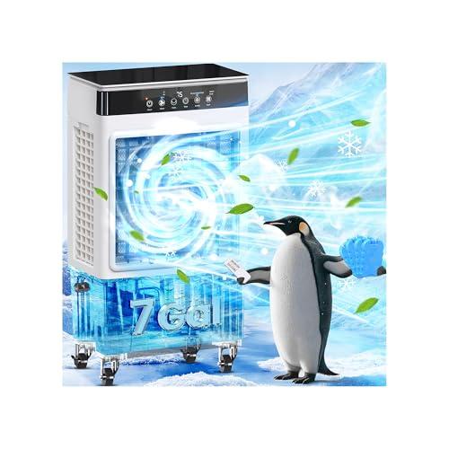 Swamp Cooler Air Conditioner with Dry Burn Protection, 4-in-1 Evaporative Air Cooler with 7-Gal Water Tank, 4 Modes, 3 Speeds, Remote, 12H Timer, Portable Windowless AC for Bedroom Home Office