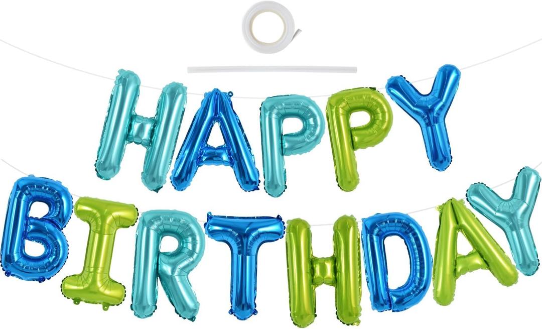TONIFUL Blue Green Happy Birthday Balloons Banner 16 Inch Mylar Foil Letters Birthday Sign Bunting Reusable for Girls Boys Kids & Adults Birthday Decorations and Party Supplies