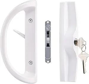 Patio Sliding Door Handle Set with Mortise Lock, Key Cylinder and Keeper, Replacement Handle Lock Set Fits Door Thickness from 1-1/2" to 1-3/4", 3-15/16" Screw Hole Spacing, Keyed, White