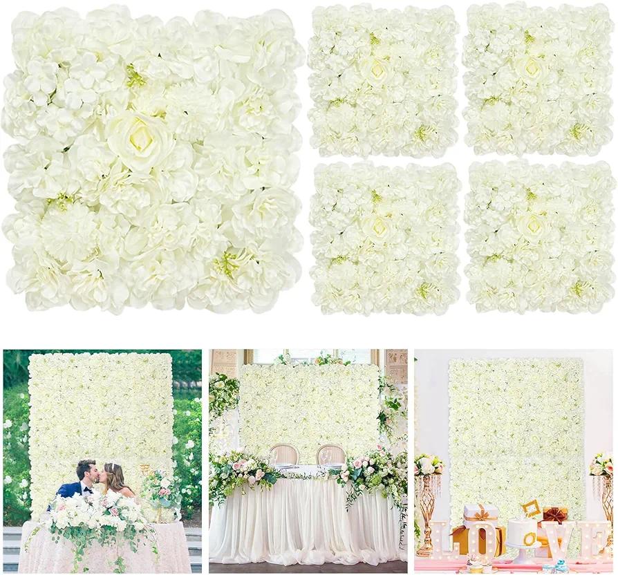 Fondo de pared de flores artificiales blancas: 4 paneles de fondo de flores - Decoración de pared de flores 3D para fondo de fiesta de boda