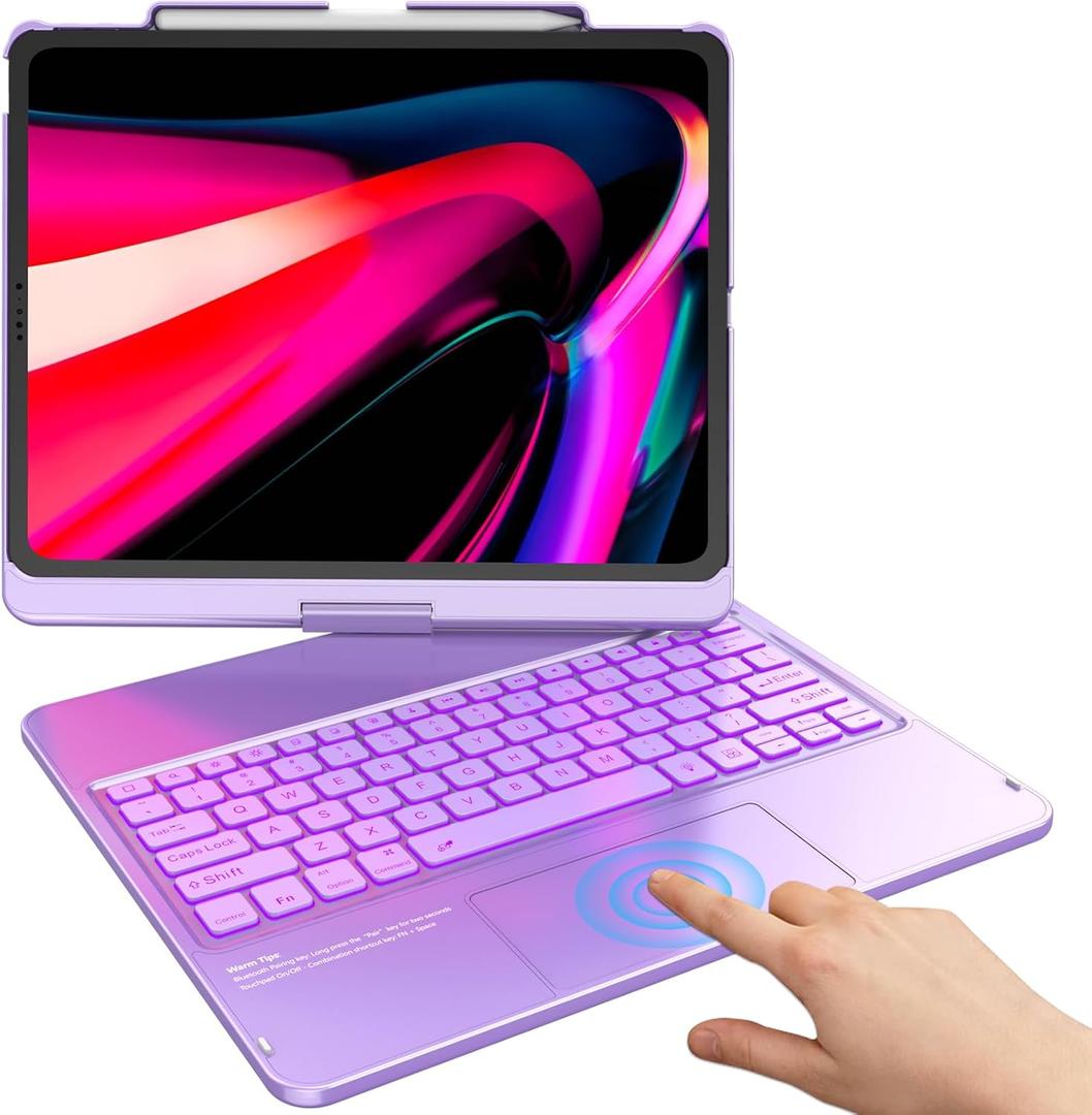 TQQ iPad Air 13 Inch Case Keyboard (M4 2026/M3 2025/M2 2024), iPad Pro 12.9 (6th, 5th, 4th, 3rd Gen) Keyboard - 360 Rotatable, 7-Color Backlight, Multi-Touch Trackpad, Thin & Light (Purple)