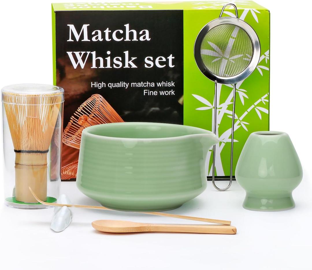 Matcha Whisk Set,7pcs Green Matcha Set includes Matcha Bowl (19 oz),Bamboo Matcha Whisk and Matcha Scoop,Matcha Whisk Holder,Stainless Steel Sifter,Tea Making Tools,Matcha Kit Gift for Matcha Lovers
