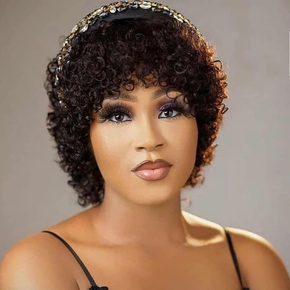 Short Curly Wigs for Black Women Human Hair Brazilian Virgin Pixie Cut Wig Human Hair Afro Kinky Curly None Lace Front Glueless Bob Wigs 150% Density Natural Black(small Curly)