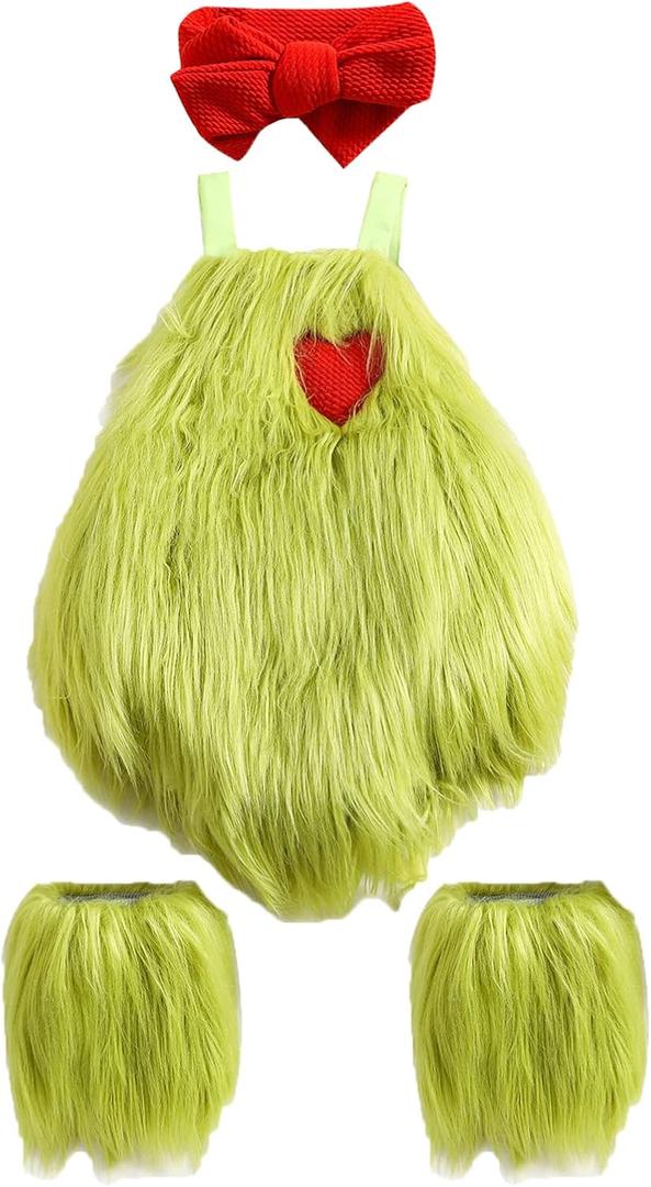 Toddler Baby Girl Halloween Costume Plush Sleeveless Romper Overall Headband Leg Warmer Outfit Set Christmas Clothes (18-24 Months)