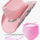 Cowboy Hat for Women Men 6 Sparkly Stars Brim & Rhinestone Belt Western Cowgirl Hat with Sunglasses Bandanas