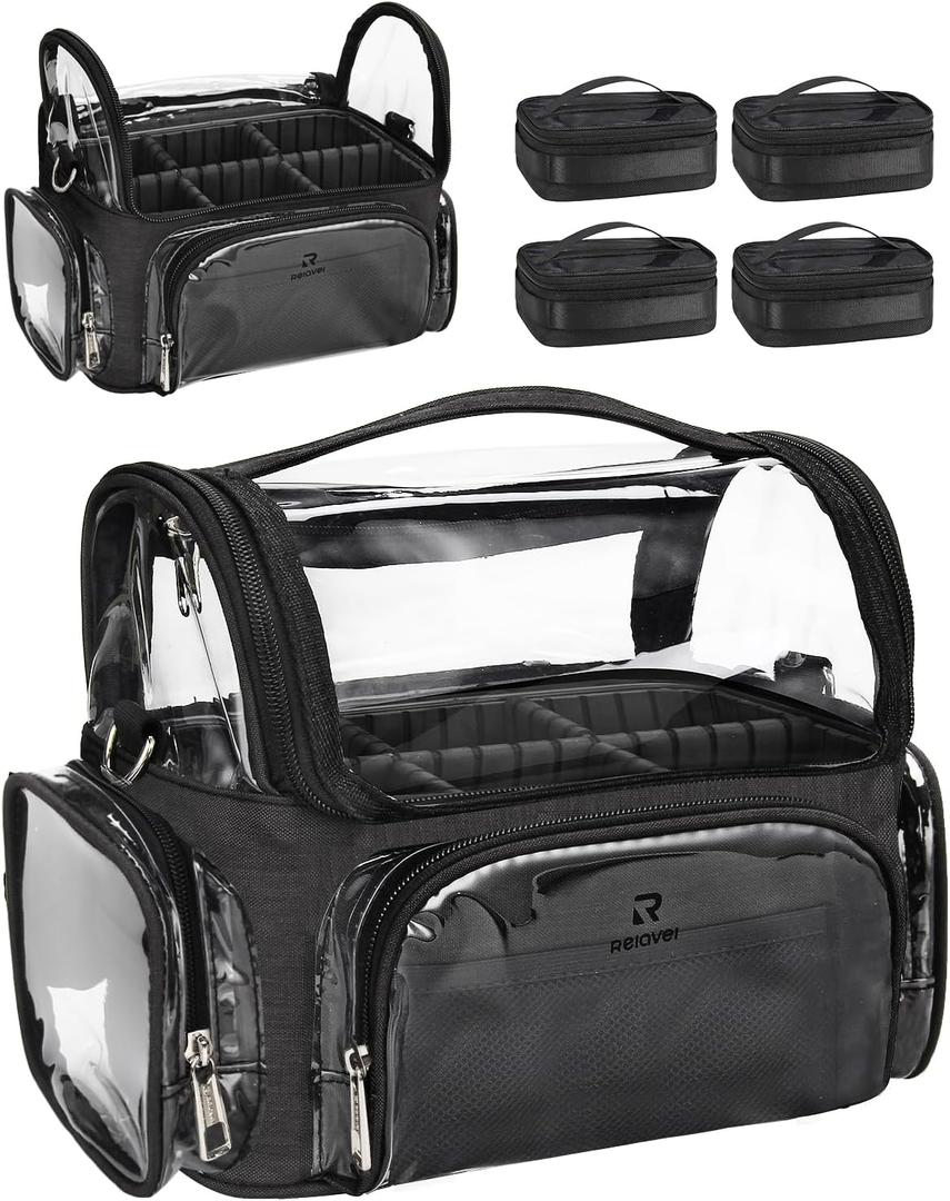 Makeup Brush Bag With 4 Mini Pouches, Makeup Brush Holder, Professional Makeup Artist Travel Case, Clear Waterproof Cosmetic Organizer Bag, with Adjustable Strap and Dividers