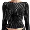 SUUKSESS Women Crew Neck Long Sleeve T Shirts Double Lined Tight Fitted Crop Top (Medium, Black Polka Dots)