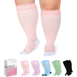Plus Size Compression Socks Wide Calf Women Men,5 Pairs 20-30mmHg Extra Width Calf Viscose Knee High Compression Socks for Circulation Support (2XL, Black/Light Blue/Pink/Purple/Green)
