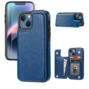Wallet Case Compatible with iPhone 14, Slim Protective case with Card Holder,Premium PU Leather Kickstand Card Slots Case with a Screen Protective Glass for iPhone 14(6.1")-Deep Blue