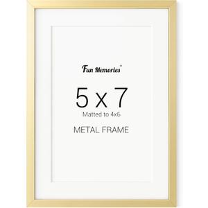 Fun Memories 5x7 Metal Picture Frame - 5 x 7 Metal Photo Frames with 4x6 Removable Mat- Ideal for Wall or Tabletop Display - Wall Hook Hanging Hardware Included (Gold, 1 Pack)