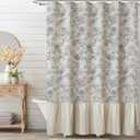 MUGINYU Blue Floral Toile Shower Curtain with Ruffle Trim - Vintage French Country Bathroom Decor with Linen Texture, Cottagecore Aesthetic Pattern, 72x72 Inches