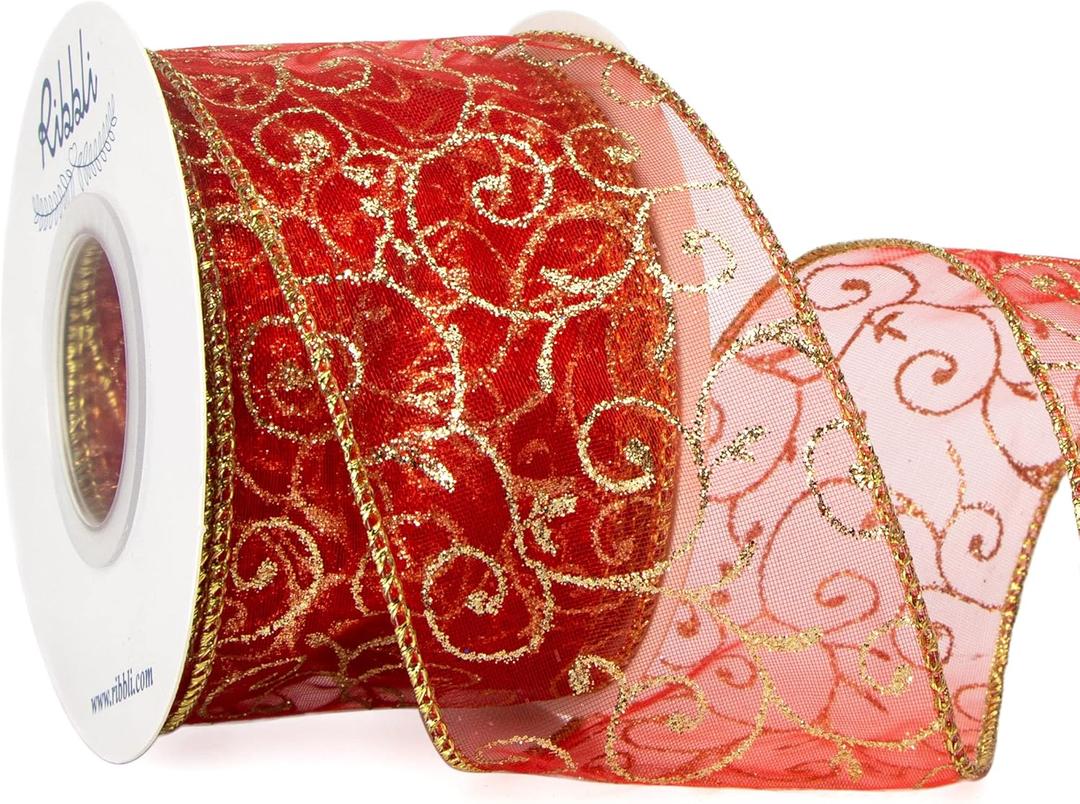 Ribbli Swirl Glitter Wired Ribbon, Red Organza Sheer with Gold Glitter Swirl Pattern and Gold Metallic Edge,2-1/2Inch x 10Yards Christmas Ribbon for Tree Decoration