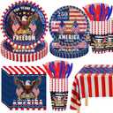 Iridescent USA 250 Years Anniversary Party Tableware Decorations Kit, Holographic Laser Plates(9+7), Sparkling Patriotic Tablecloth 9ft, Cups Napkins for 4th of July, Kids Birthday, Patriotic Party