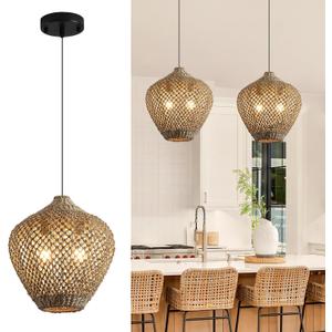 17.7" Rattan Pendant Light,Woven Seagrass Chandelier | Brown Rattan Pendant Light,Boho Hand Woven Wicker Hanging Light Natural Grass Rattan Chandelier,Seagrass Pendant Lamp